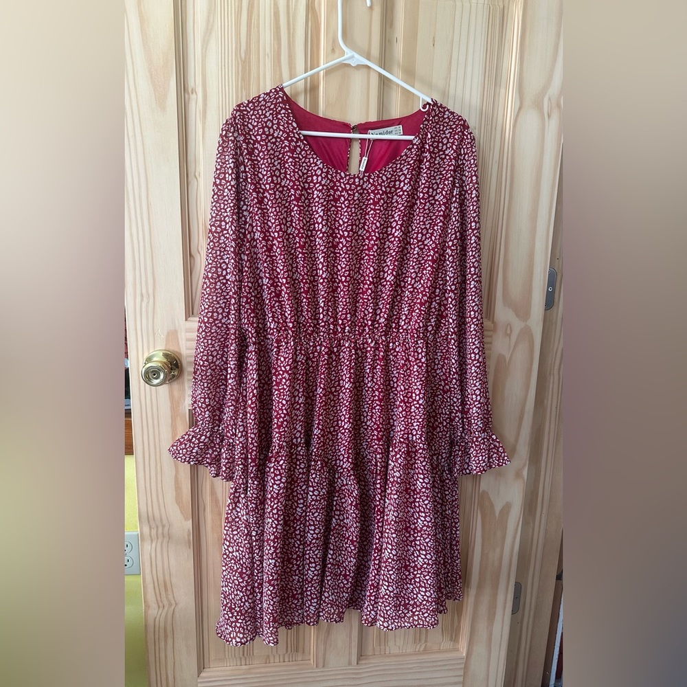 Red Leopard Print Long Lantern Sleeve Dress Size 14